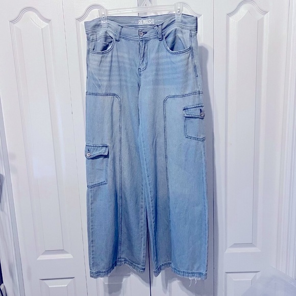 Rewash Brand New York-LA-Distress-Low Rise-Fade Blue-Stretch Cargo-Wide Leg-Sz 5 - Picture 1 of 14